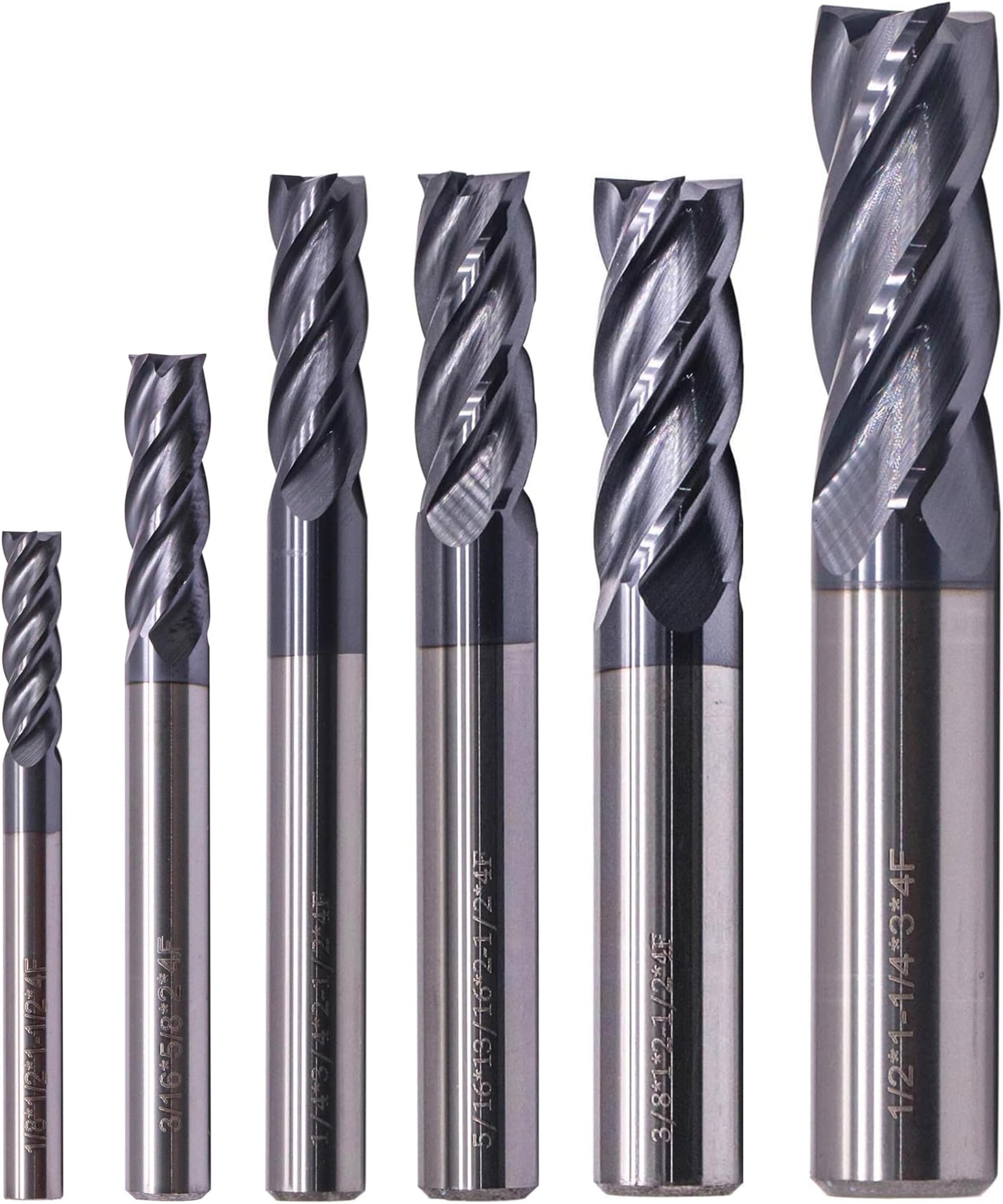 BestParts 6 Piece High Performance Carbide Solid End Mills 1/8", 3/16", 1/4", 5/16", 3/8", 1/2", AlTiN Coated 4 Flutes, 30 Degree Helix End Mill Bit Set CNC Router Bits