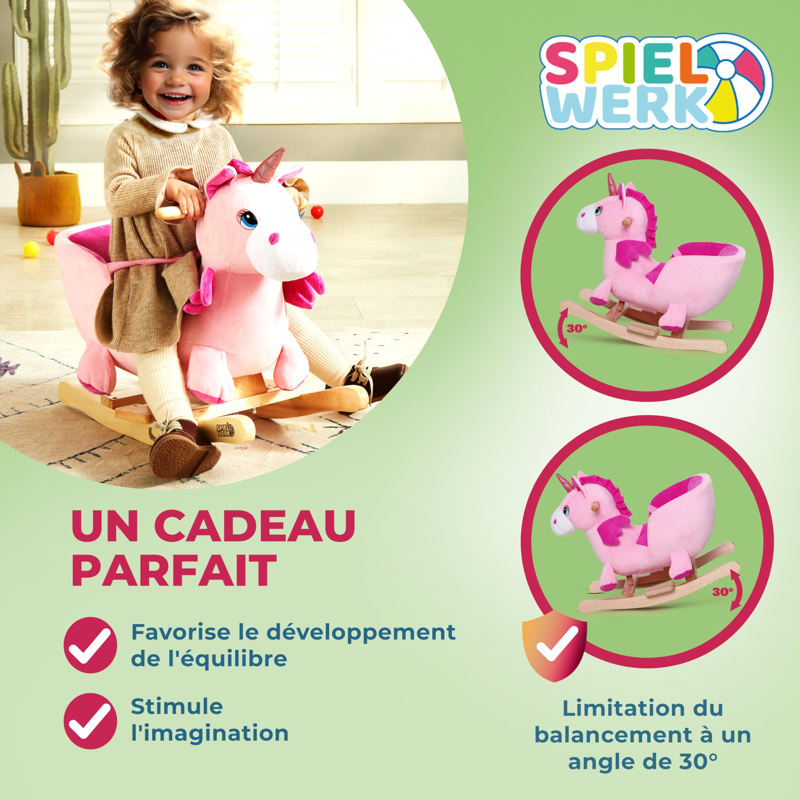 SPIELWERK® Licorne à Bascule Animal à Bascule en Peluche Ceinture sécurité Entraînement équilibre Fonction sonore Cheval Doux