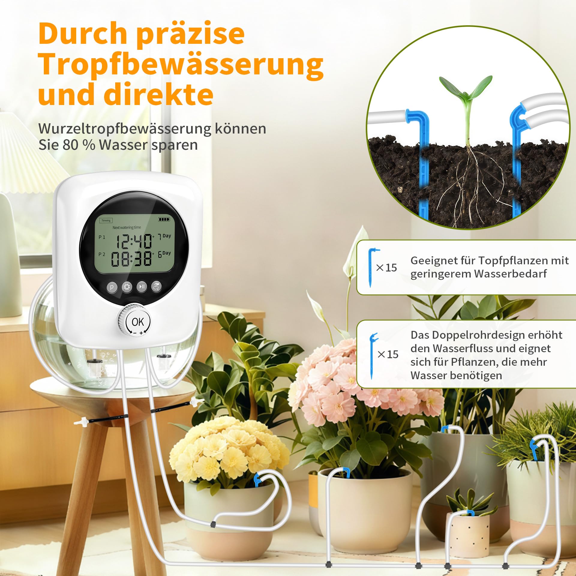 Automatische Bewässerung Pflanzen BewässerungssystemTropfbewässerung Indoor Garten Bewässerung mit Doppelte Pumpe Unabhängige Kontrolle, DIY Tropfbewässerungsset mit Einstellbar für Balkon