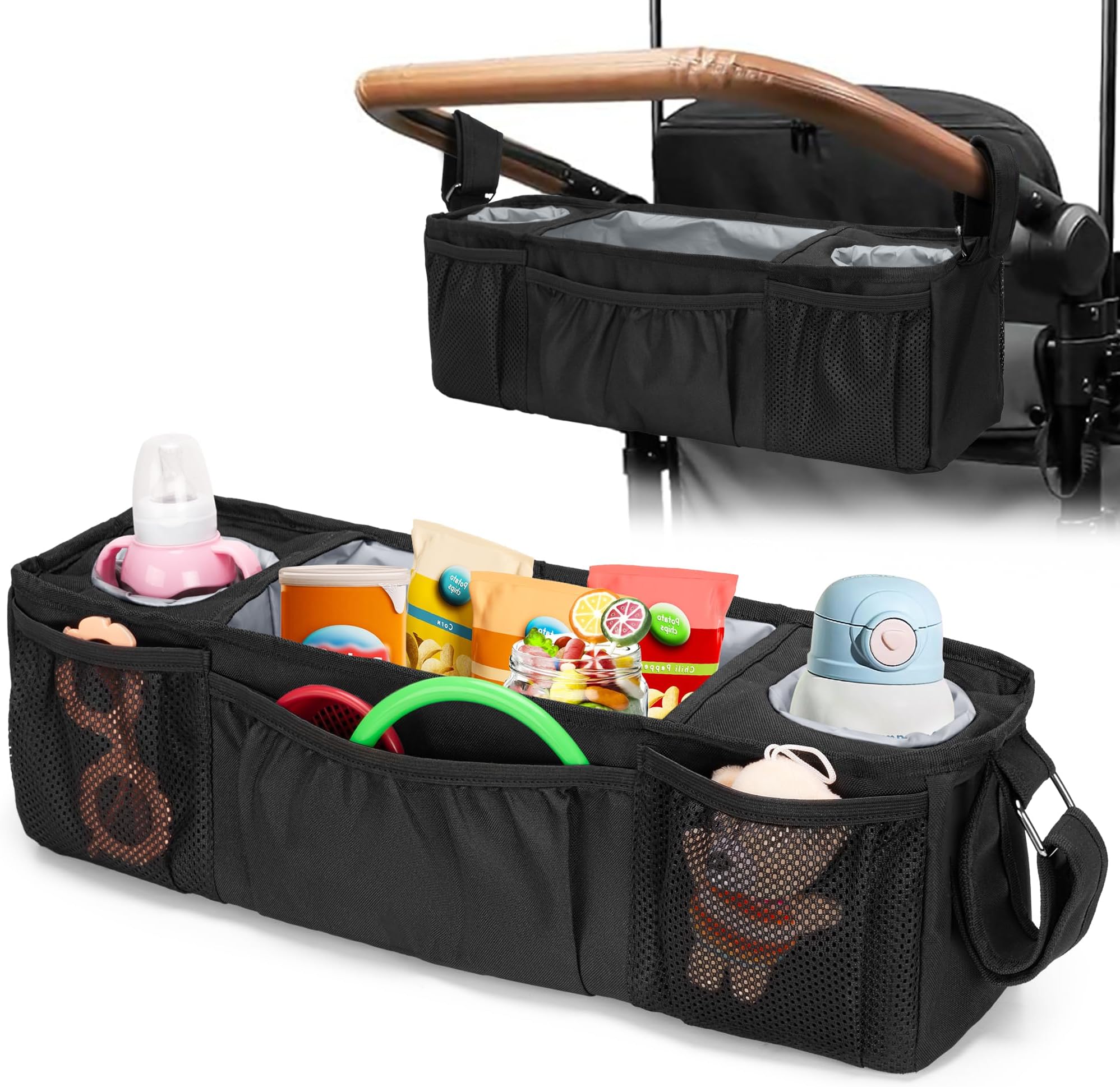 Wagon Parent Console Compatible with Wonderfold W4, Stroller Snack Tray Compatible with Keenz 7S+, 2 Insulated Cup Holders, Black