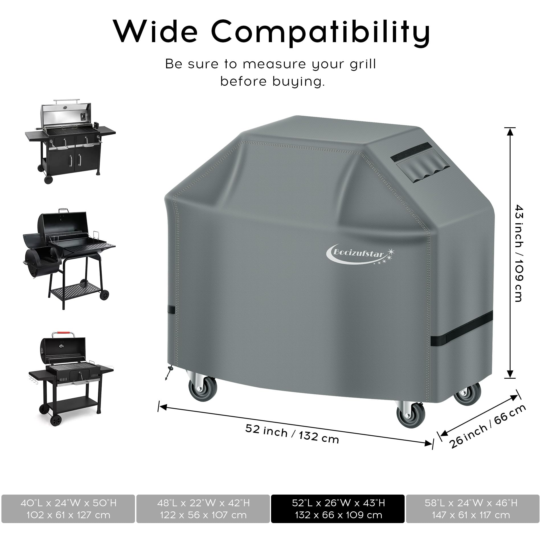 Funda para parrilla al aire libre con aro y bucle, cordón ajustable para cubierta de barbacoa Weber de 52 pulgadas, 52 pulgadas de largo x 26 pulgadas de ancho x 43 pulgadas de alto, gris
