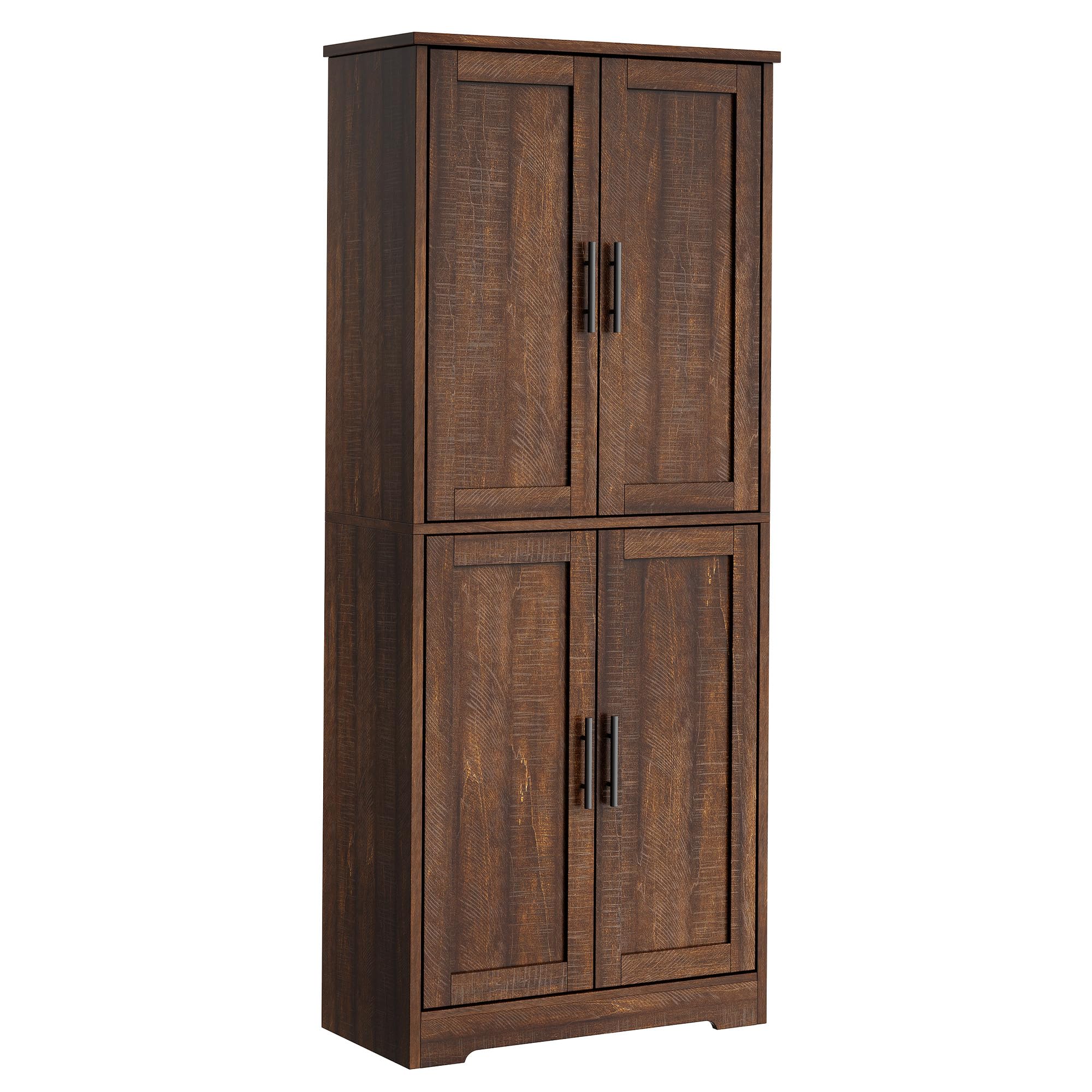 70" Freestanding Tall Pantry Cabinet,Modern Kitchen Hutch with Adjustable Shelves &amp; Anti-toppling devices,Farmhouse Kitchen Storage with Elgant Handers ,Ideal for Dining Room,Living Room.Brown.