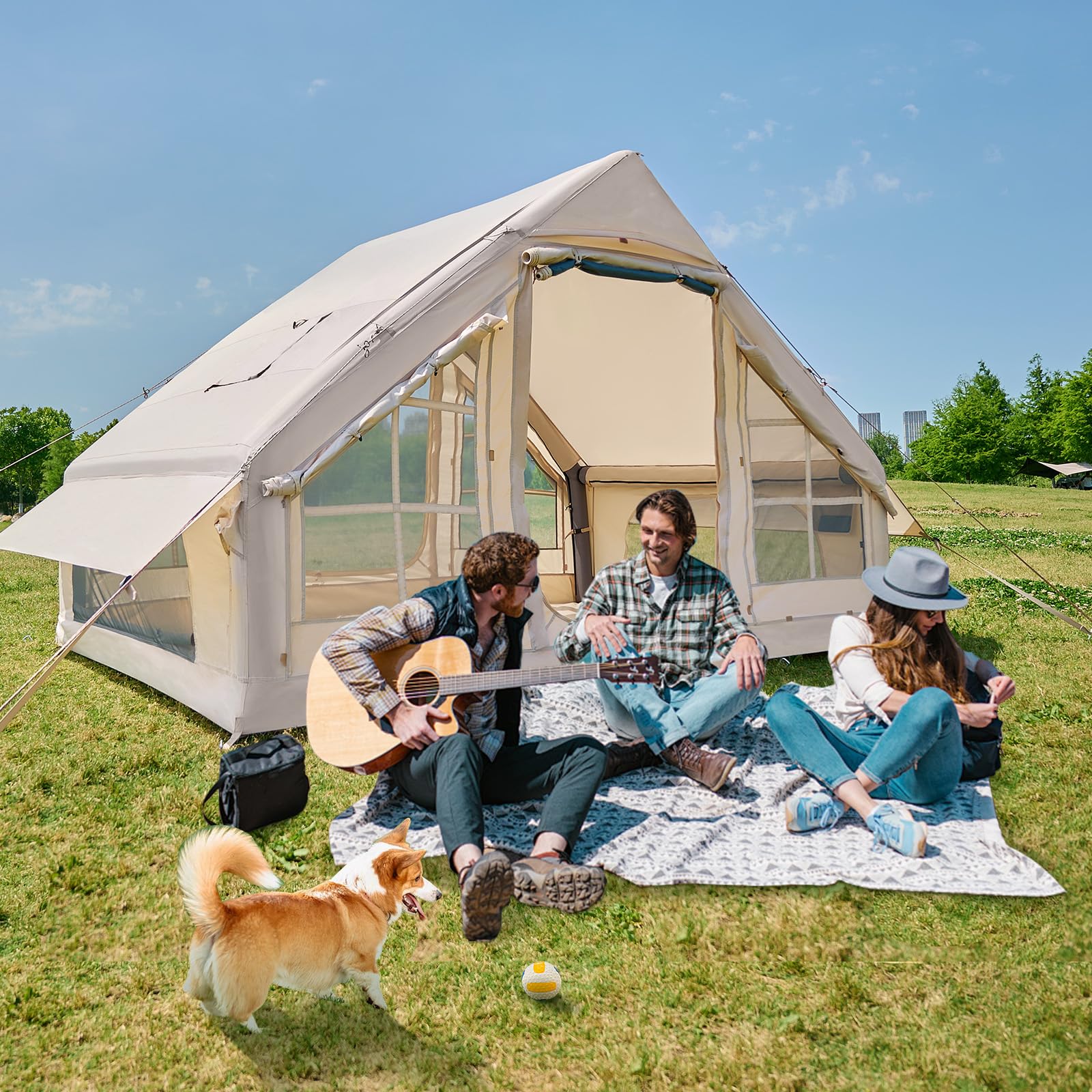 Aufblasbares Campingzelt für 4-6 Personen mit Luftpumpe, Großes Kaminöffnung Aufblasbar Outdoor Zelt, 4 Jahreszeiten Zelt aus Wasserdichtem Oxford-Stoff, Schneller Aufbau Luftzelt