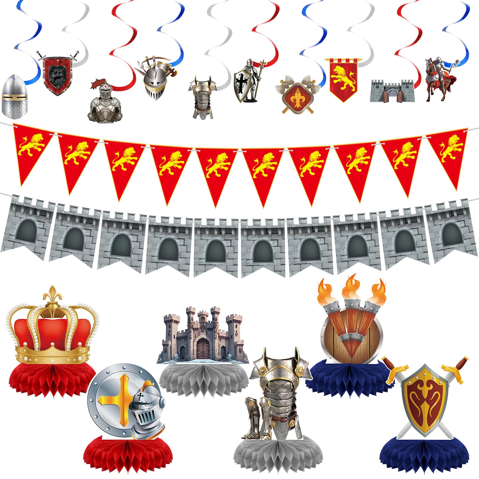 Janlaugh 18 Pcs Medieval Knight Birthday Party Decorations Castle Table Topper Medieval Whirls Hanging Banner Decorations Stone Wall Shield for Birthday Party Supplies