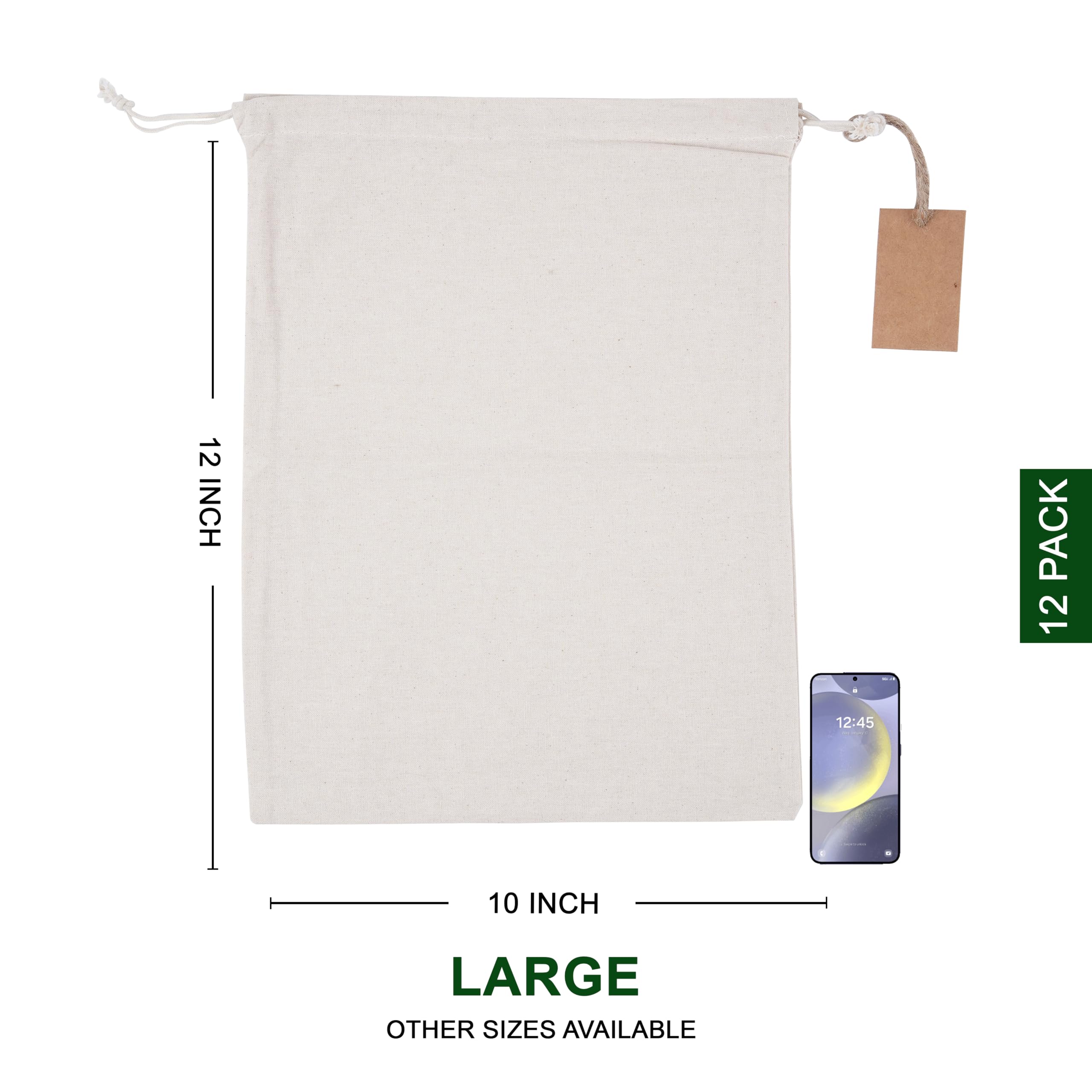 Marubhumi Cotton Storage Bags with Drawstrings Large 10x12 Inch - 12 Pcs Reusable Muslin Bulk Flour Sack Bag,Cotton Fabric Bread Bags Bulk Food Produce Natural Storage Bag