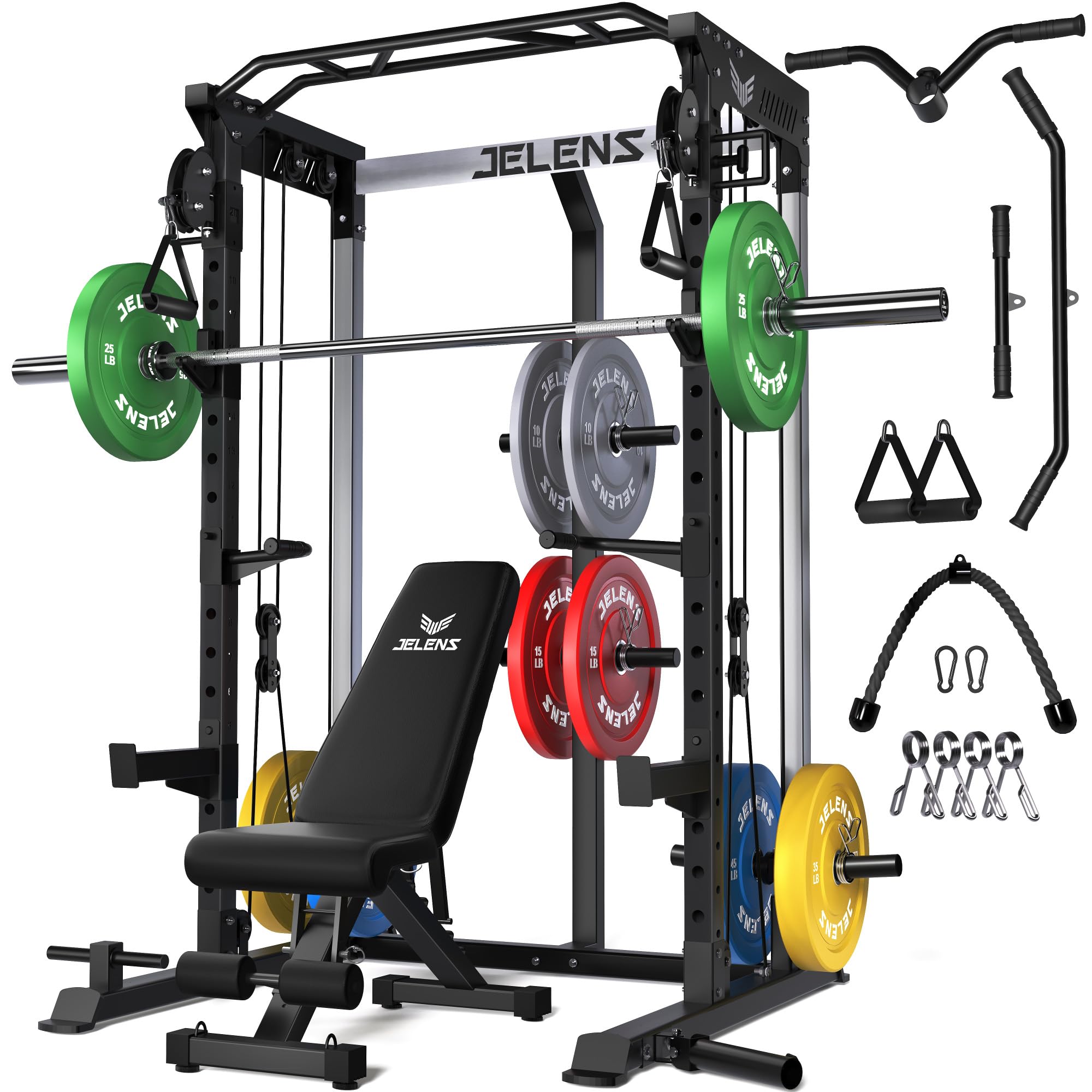 JELENS C21 Power Cage, 2000LBS Multi-Function Power Rack with Independent Dual Pulley System, All-in-One Squat Rack for Cable Crossover, Home Gym Workout Machine