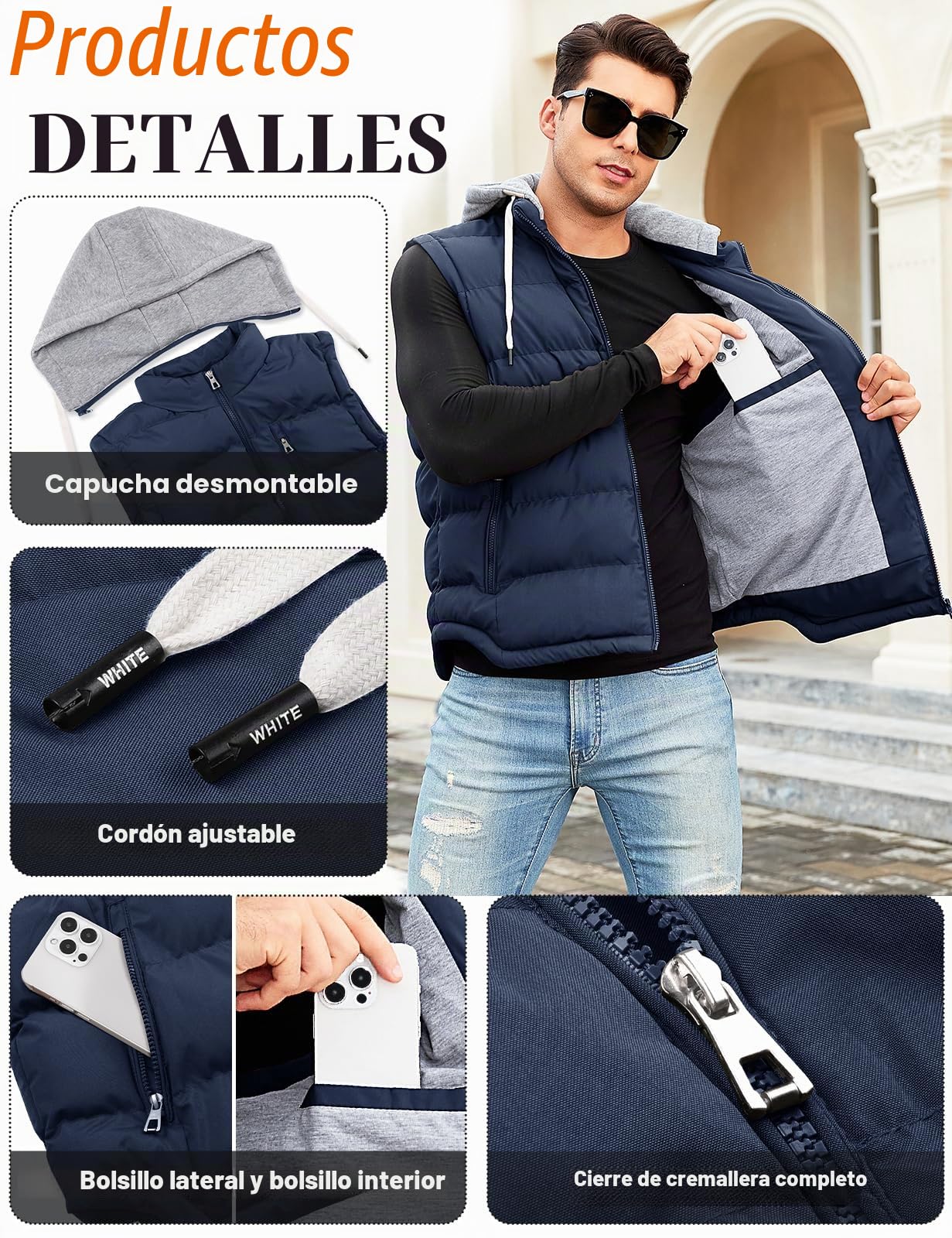 CMTOP Chaleco Hombre con Capucha Repelente al Agua Chalecos, Cálido Invierno Gilet con Cremallera Ligero Térmico Chaqueta Sin Mangas BodyWarmer Vest con Multibolsillos