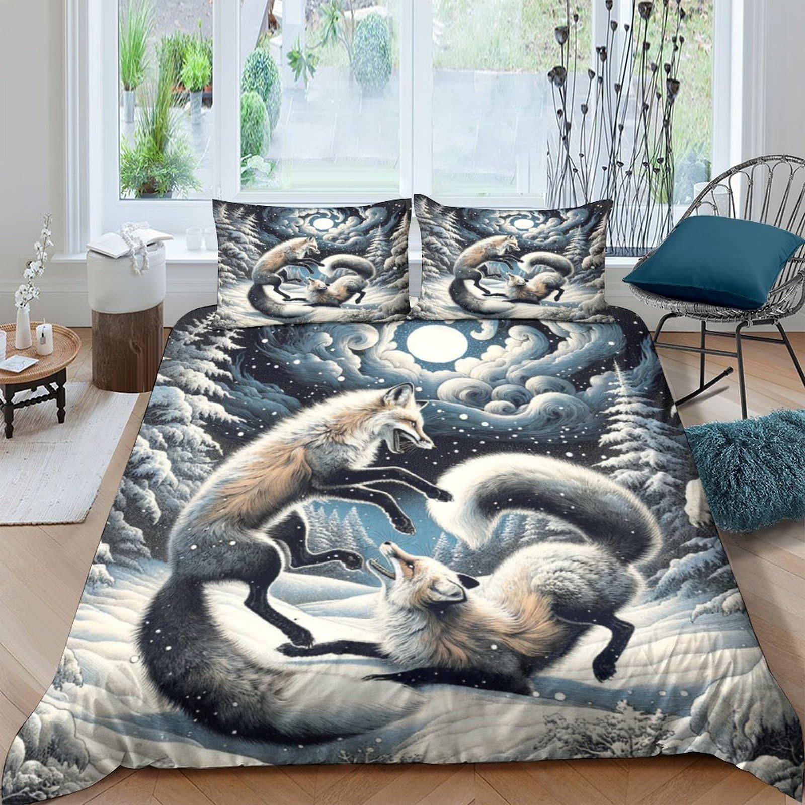 Fox 3D Impresión Invierno Funda Nórdica Familiar Y Niños Funda De Edredón Juego De Ropa De Cama con Cremallera Y Funda De Almohada Microfibra 3 Piezas Double（200x200cm）