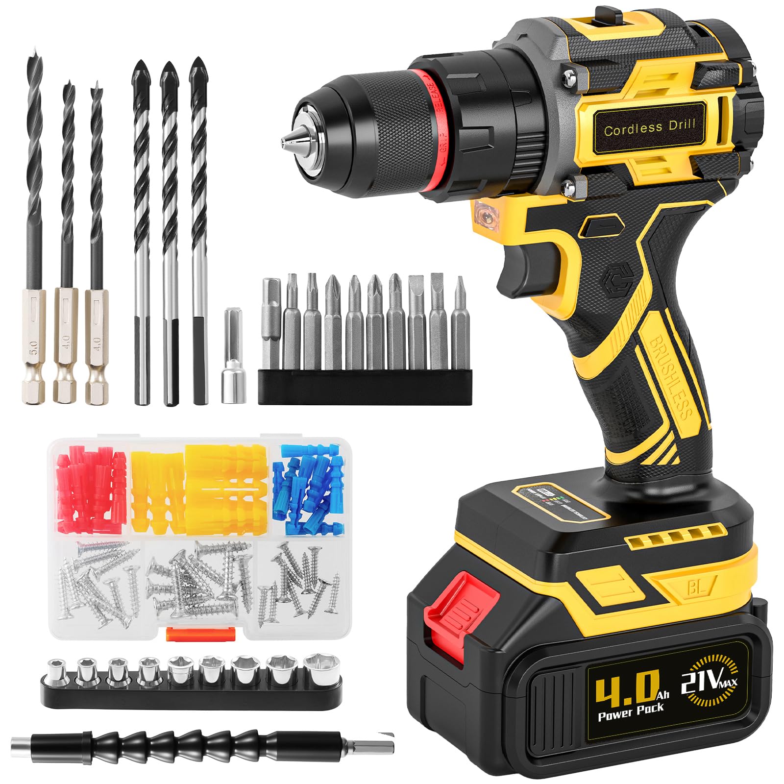 Brushless Cordless Hammer Drill Set with 4.0Ah Large Battery, 21V Impact Drill Driver and Screwdriver Set, 25+3, 10mm Heavy Duty Chuck, 2 Speed 87 Accessories Power Combi Battery Drill kit for DIY