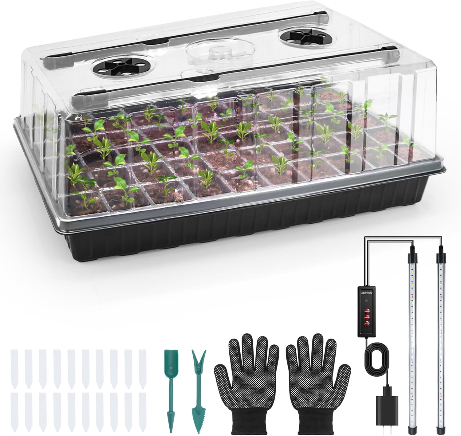 60-Cell Seed Starter Tray with Grow Light, Seedling Starter Trays with 4.08" Humidity Dome, Self-Watering Plant Germination Trays,Seed Starter Kit for Seeds Growing (Black)