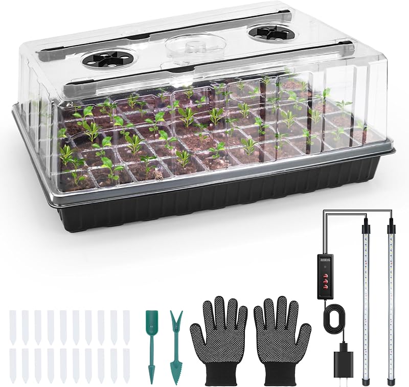 Mulctun 60-Cell Seed Starter Tray with Grow Light, Seedling Starter Trays with 4.08" Humidity Dome, Self-Watering Plant Germination Trays,Seed Starter Kit for Seeds Growing (Black)