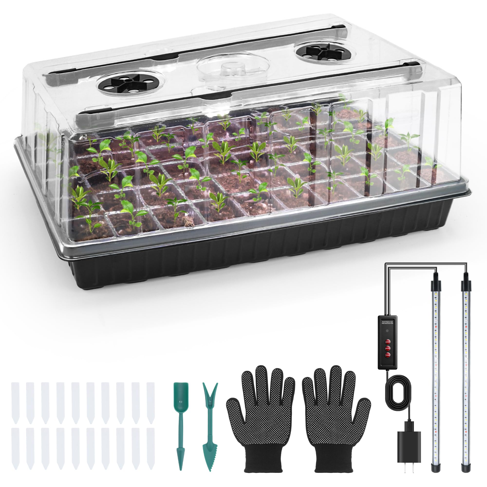 Mulctun Bandeja de inicio de semillas de 60 celdas con luz de crecimiento, bandejas de inicio de plántulas con cúpula de humedad de 4.1 pulgadas, bandejas de germinación de plantas de riego automático