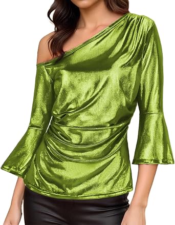 Womens One Shoulder Shiny Metallic Top Sexy Ruched Blouse Party Clubwear Asymmetrical Sleeve Night Out Shirt