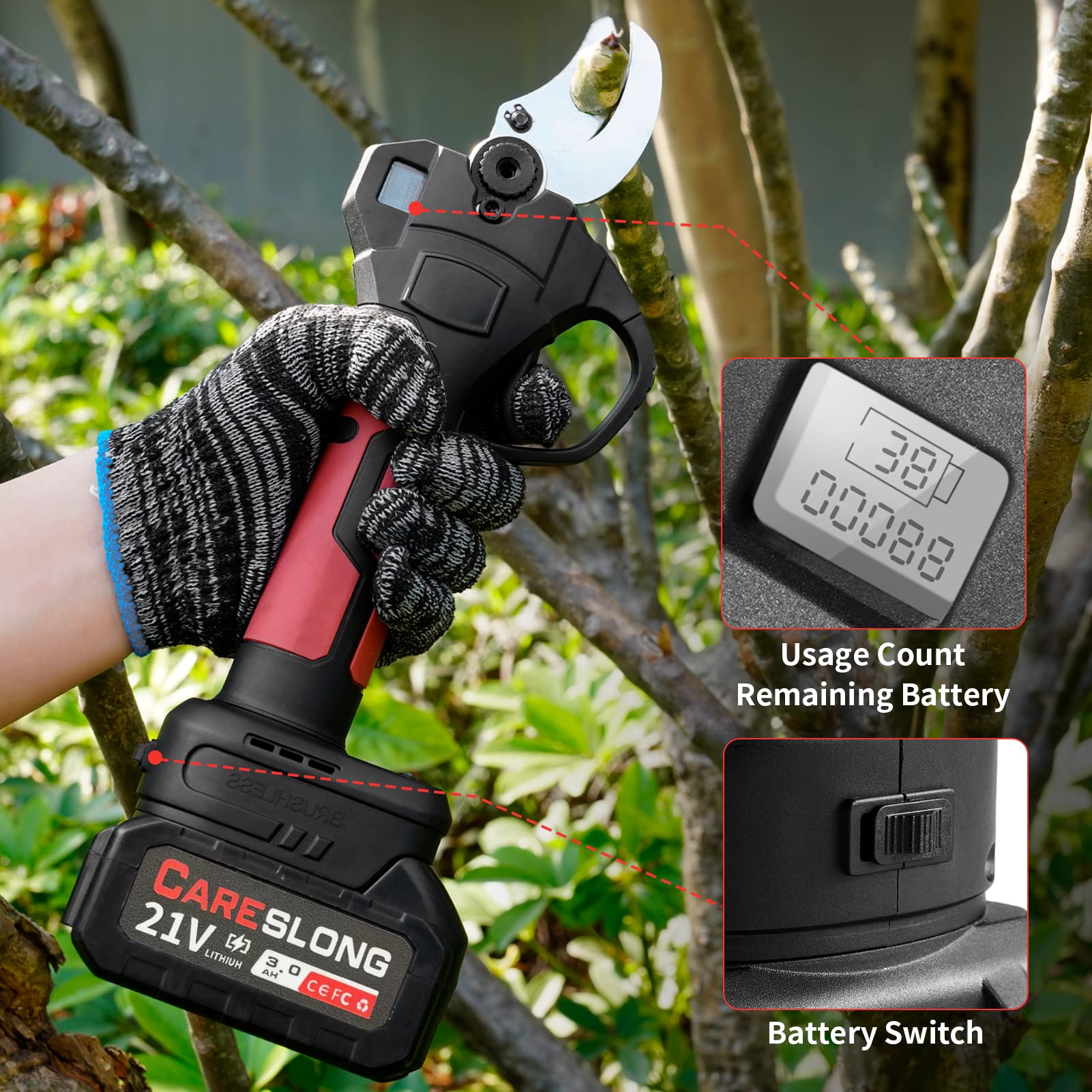 Tijeras de podar eléctricas de 21V, con 2 baterías de litio recargables (tijeras de podar de 40 mm)