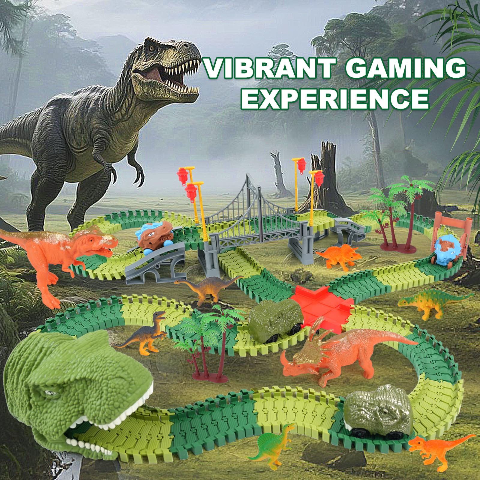 Dinosaur Track Toys for Kids - Best Birthday Gifts for 3 4 5 6 7 Year Old Boys, Flexible Race Car Track Set with Light & Sound, Create a Dino World Adventure