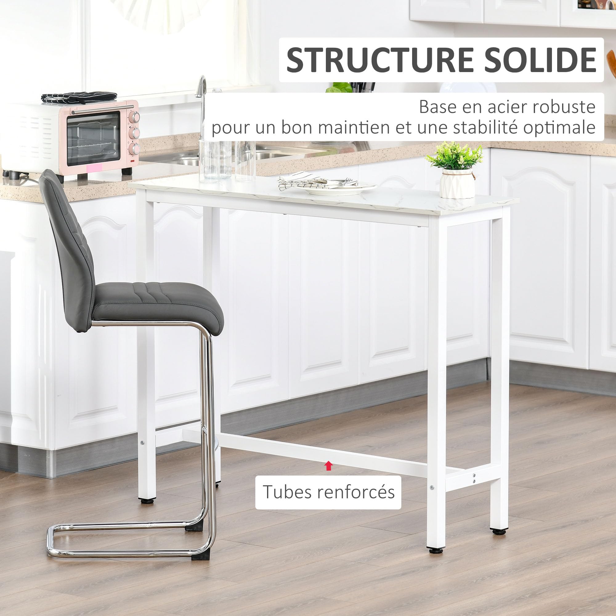 HOMCOM Table de Bar Table Haute de Cuisine Mange-Debout - dim. 120L x 40l x 100H cm - châssis piètement Acier, Plateau Aspect marbre Blanc