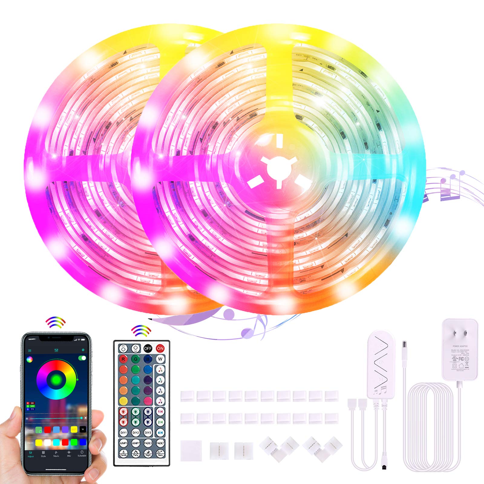 65.6FT/20m LED Strip Lights with Bluetooth Controller Music Sync Color Changing Rope Light RGB 5050SMD 360 LEDs for Bedroom, Party, Home Decoration Non-Waterproof