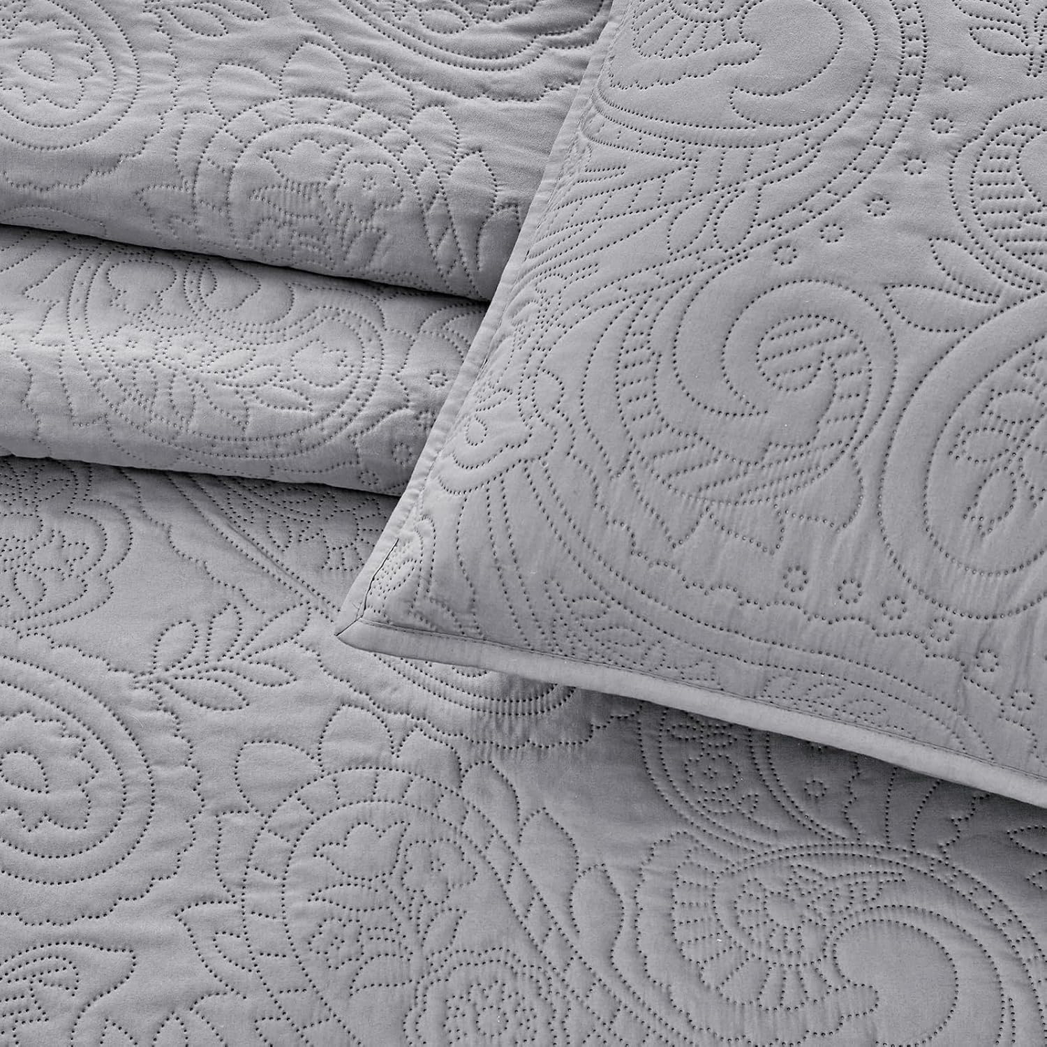 BOURINA Ultrasonic Quilt Set Bedspreads 3-Piece Bedding Set Pre-Washed Microfiber Ultra Soft Lightweight Flower Coverlet Set for All Season, Queen Grey