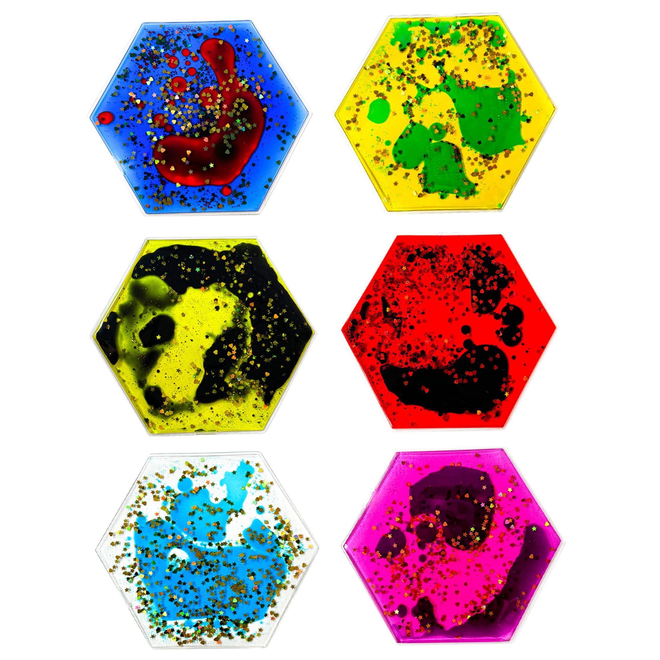 Temeemeg Sensory Fidget Toys Hexagon Liquid Filled Sensory For Kids - 6-piece Geometric Set With Glitter Play Tools For Calm Down Corner
