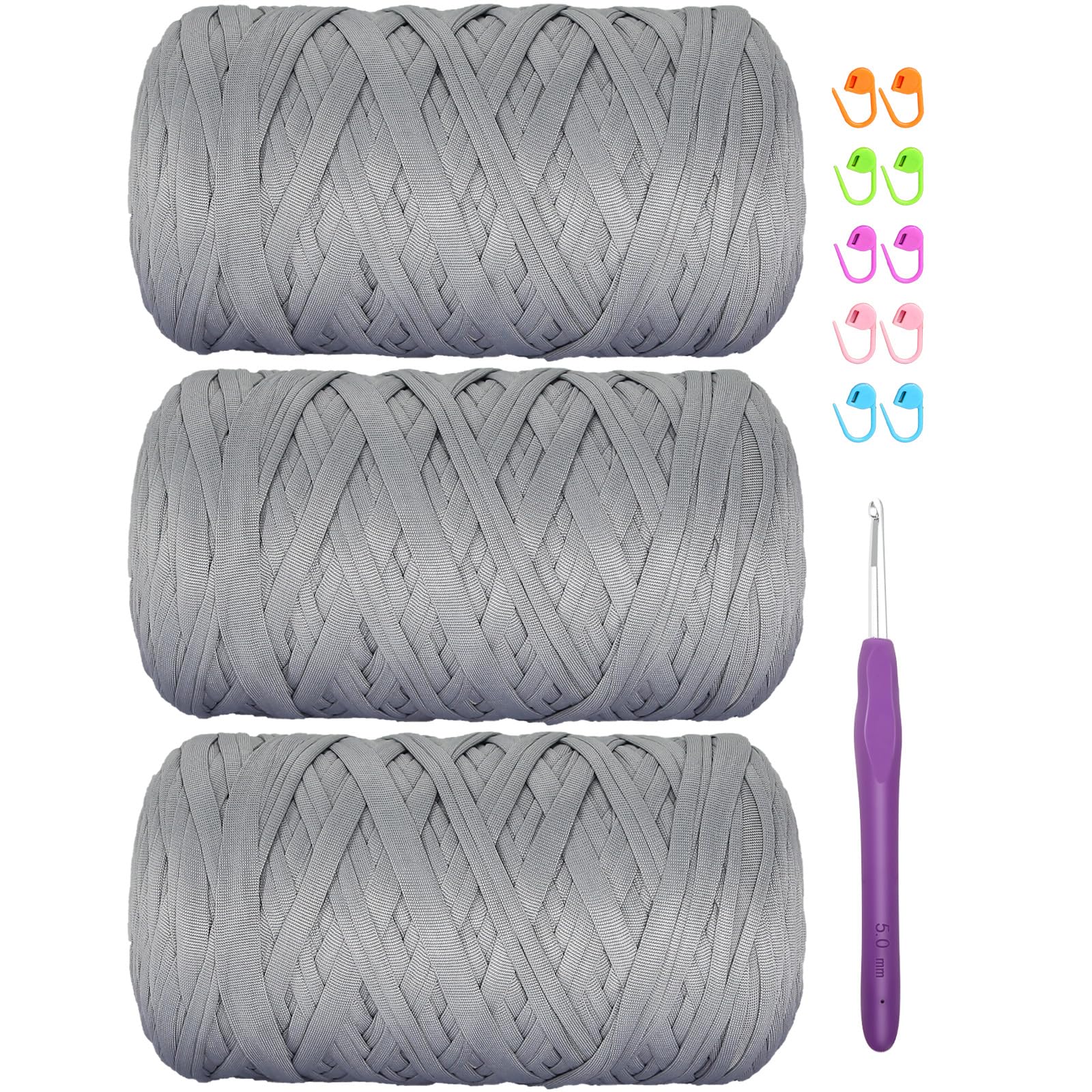SIMEIQI 1200g T-Shirt Yarn (3x400g) for Crochet, Thick Spaghetti Yarn, Grey