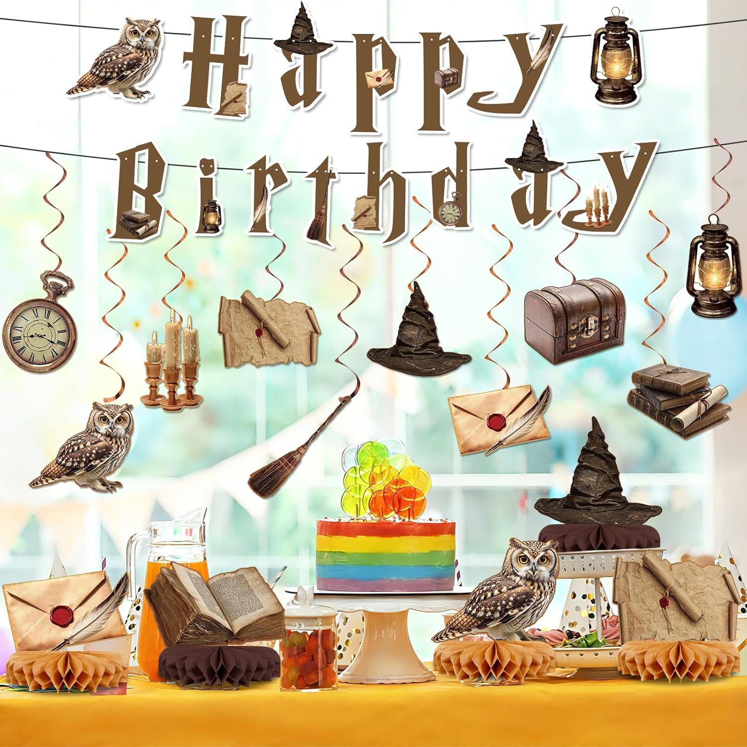 53pcs Magical Birthday Party Decorations Magic Theme Banner Hanging Swirls and Honeycomb Centerpieces Table Decoration Vintage Magical Theme Owl Envelope Decors for Birthday Baby Shower Party Supplies