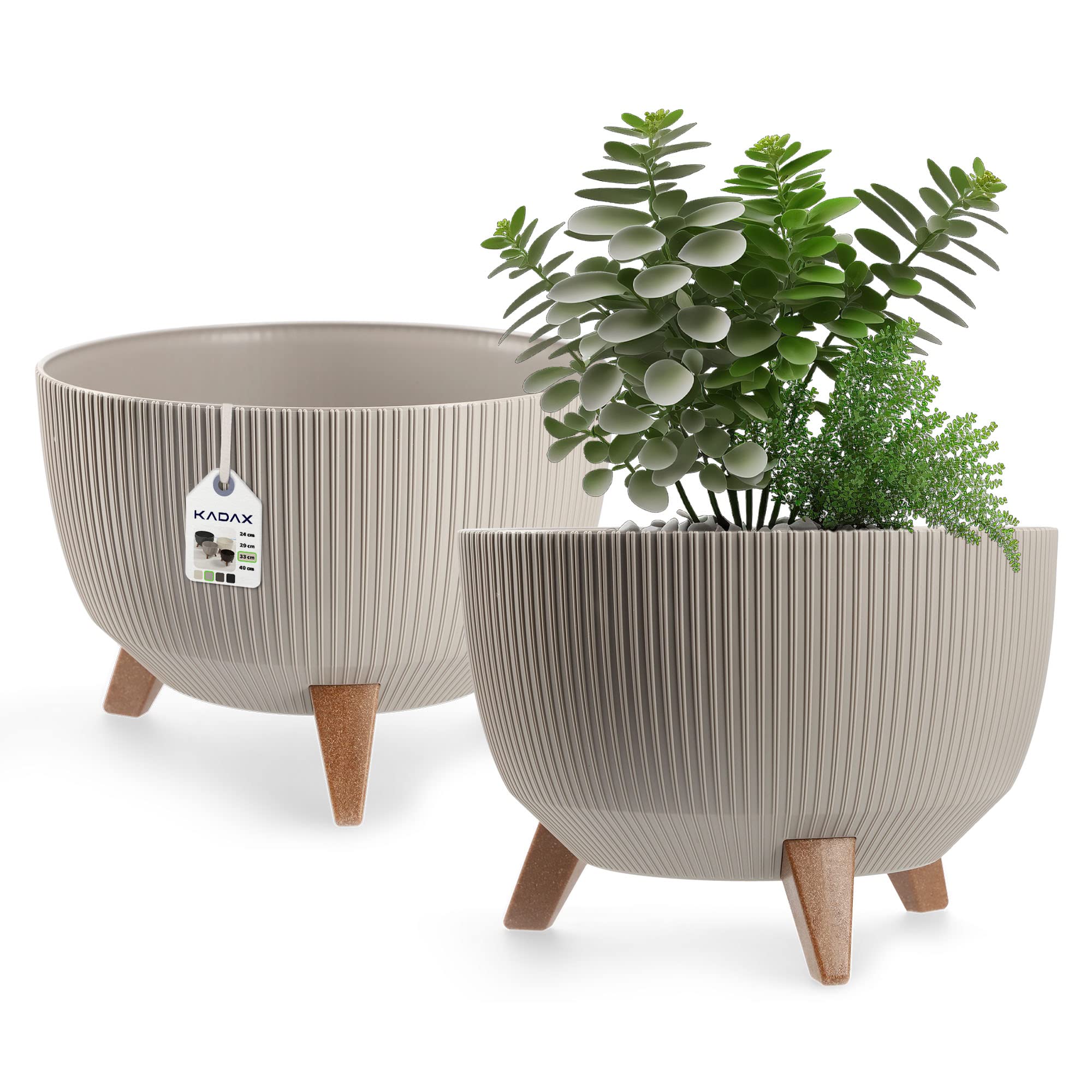 KADAX Blumentopf aus Kunststoff mit DREI Einsteckstützen, runde Blumenschale, Pflanzkübel, Blumenkübel, Pflanzschale für Balkon, Wohnzimmer (33 cm Ø/Taupe)