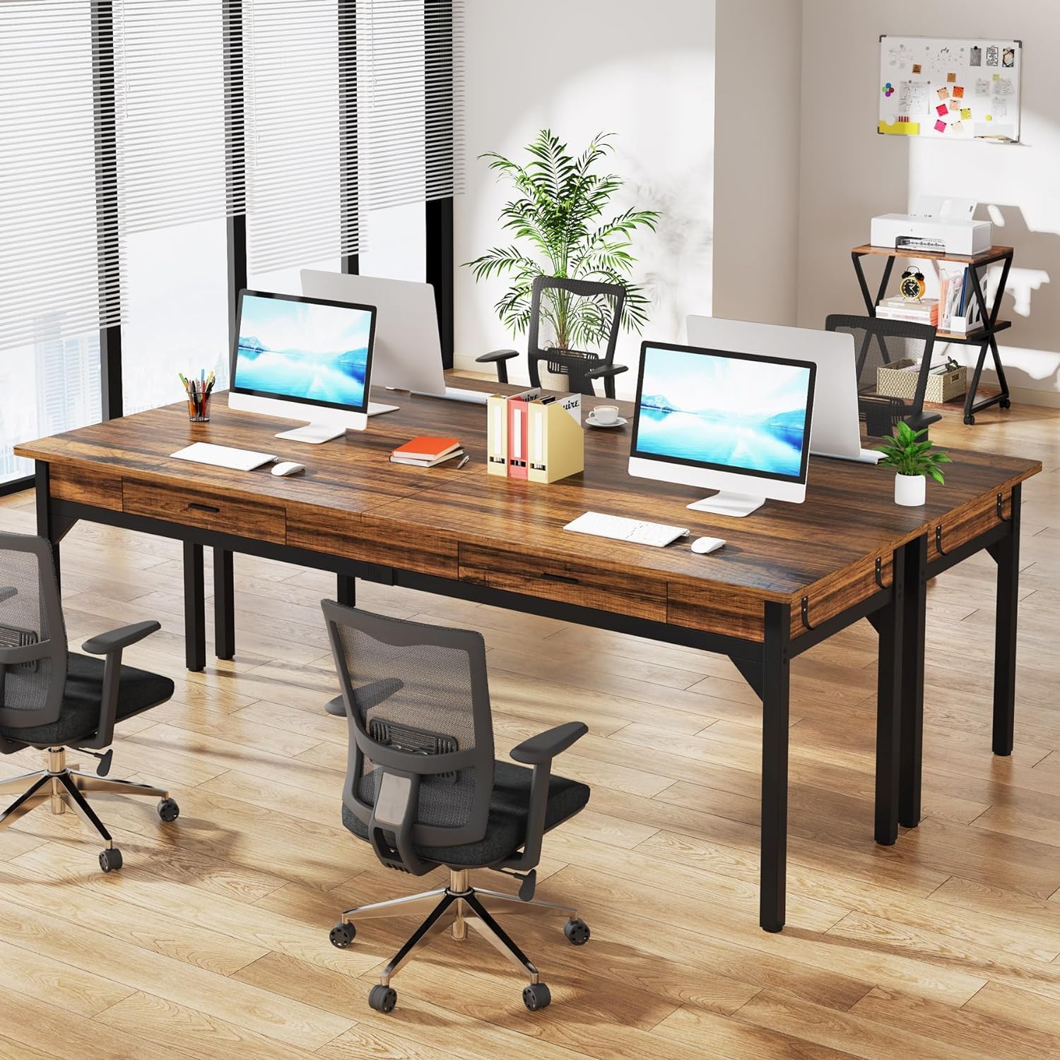 Tribesigns Scrivania per Computer, 200 x 60 x 82 cm Scrivania da Ufficio per Studenti e Lavoratori, Doppia Lunga Tavolo da Computer con 2 cassetti per Ufficio Studio, Marrone