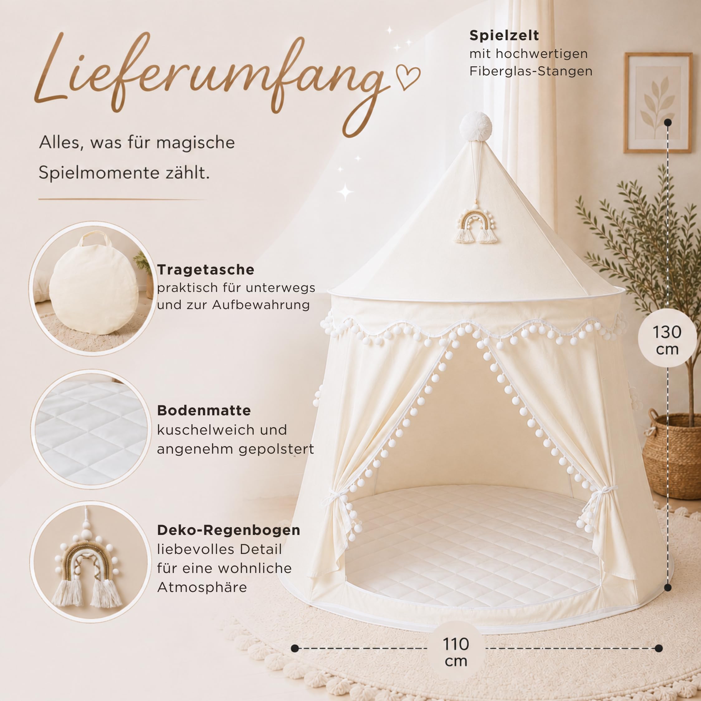 LIONHERZ® DAS ORIGINAL Spielzelt Baumwolle/Hanf | Kinderzelt Tipi Indoor | inkl. Bodenmatte, Deko-Regenbogen & Tragetasche | stabil durch Fiberglasstangen | atmungsaktiv | Tippi | Mädchen & Jungen