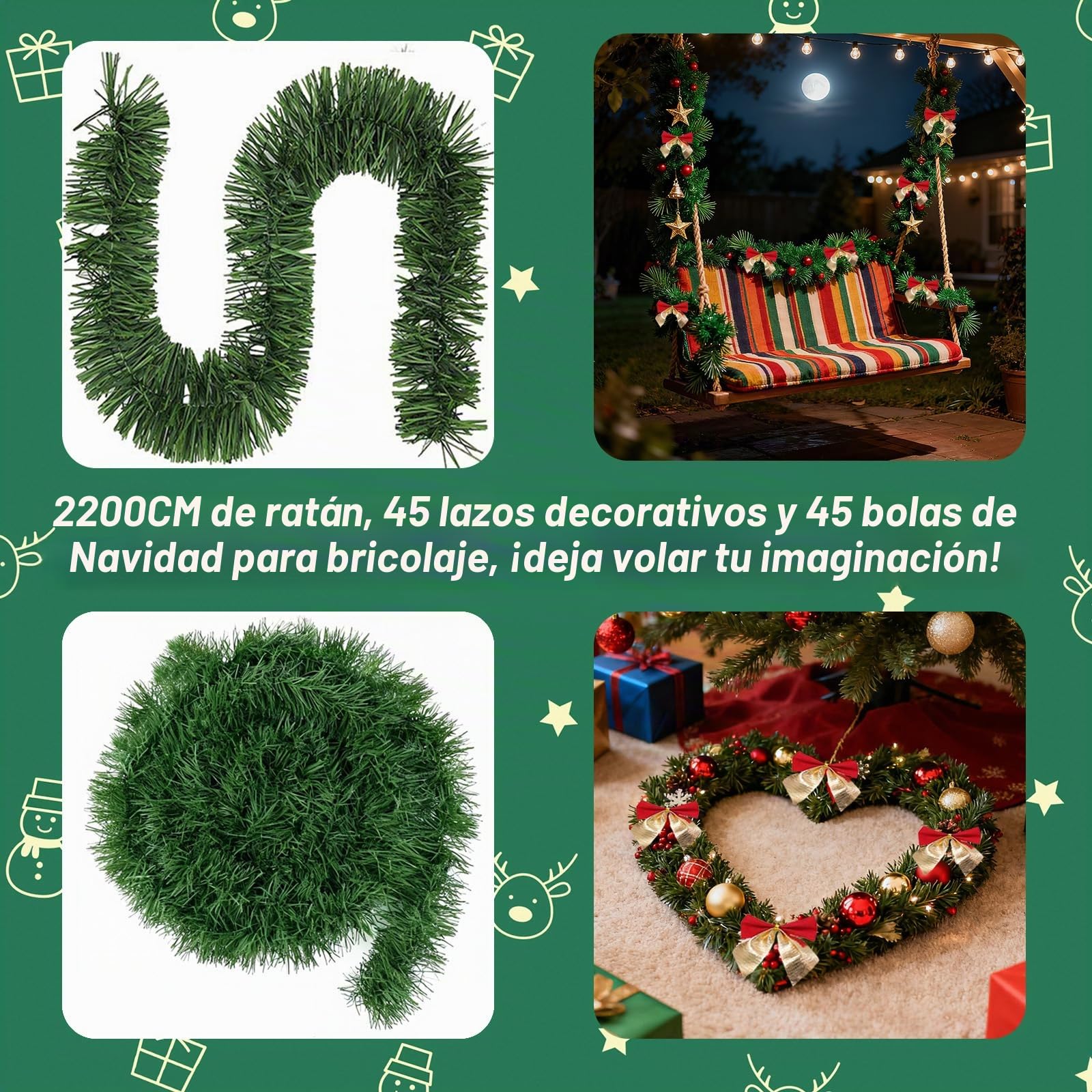 Guirnalda de Navidad de 22 m, sin iluminación, guirnalda de ramas de abeto verde artificial, decoración navideña, para interior y exterior, guirnalda con 45 bolas de Navidad y 45 nudos de mariposa