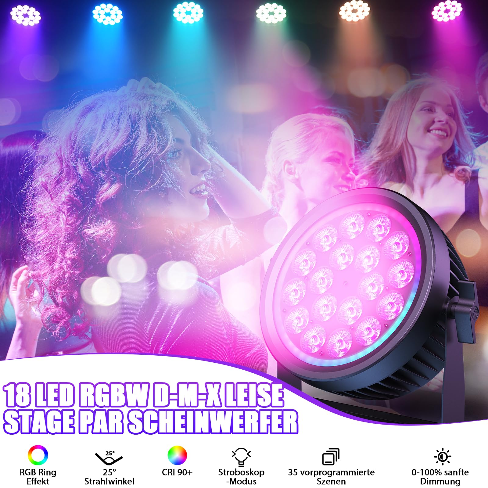 Par LED DMX, 18x10W RGBW Silenziosi Luci Discoteca con Anello RGB, Luci da Palcoscenico Faretti con Suono Attivato e Strobo, 4 Modalità Illuminazione Luci Palco per DJ Feste Halloween Natale
