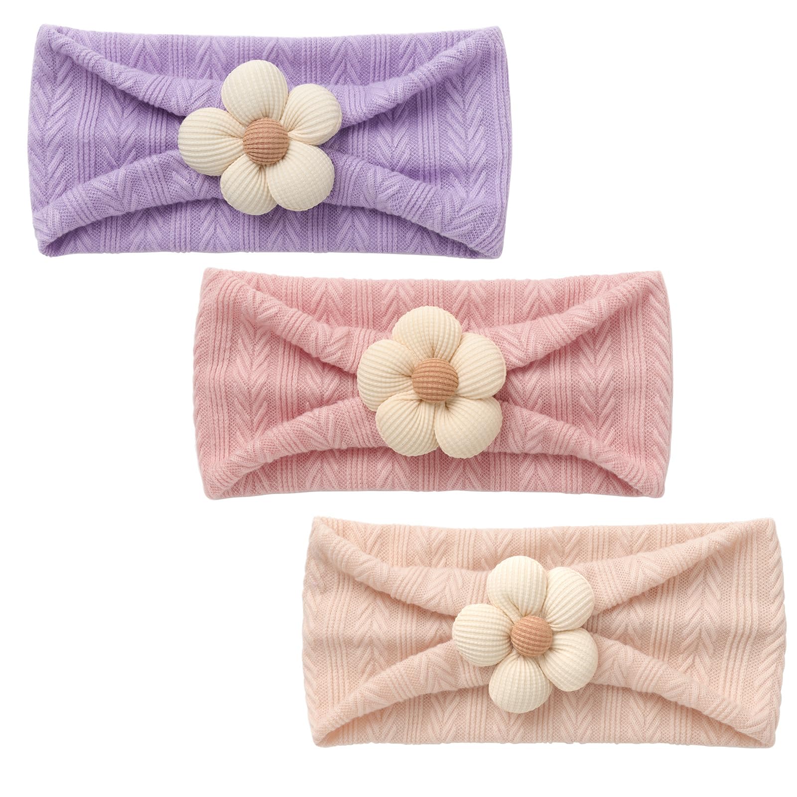 DRESHOW Stirnband Baby Mädchen Dehnbare Nylon Stirnbänder Handgefertigte Blumen Haarband for Neugeborene Kleinkinder Kinder 3 Stück