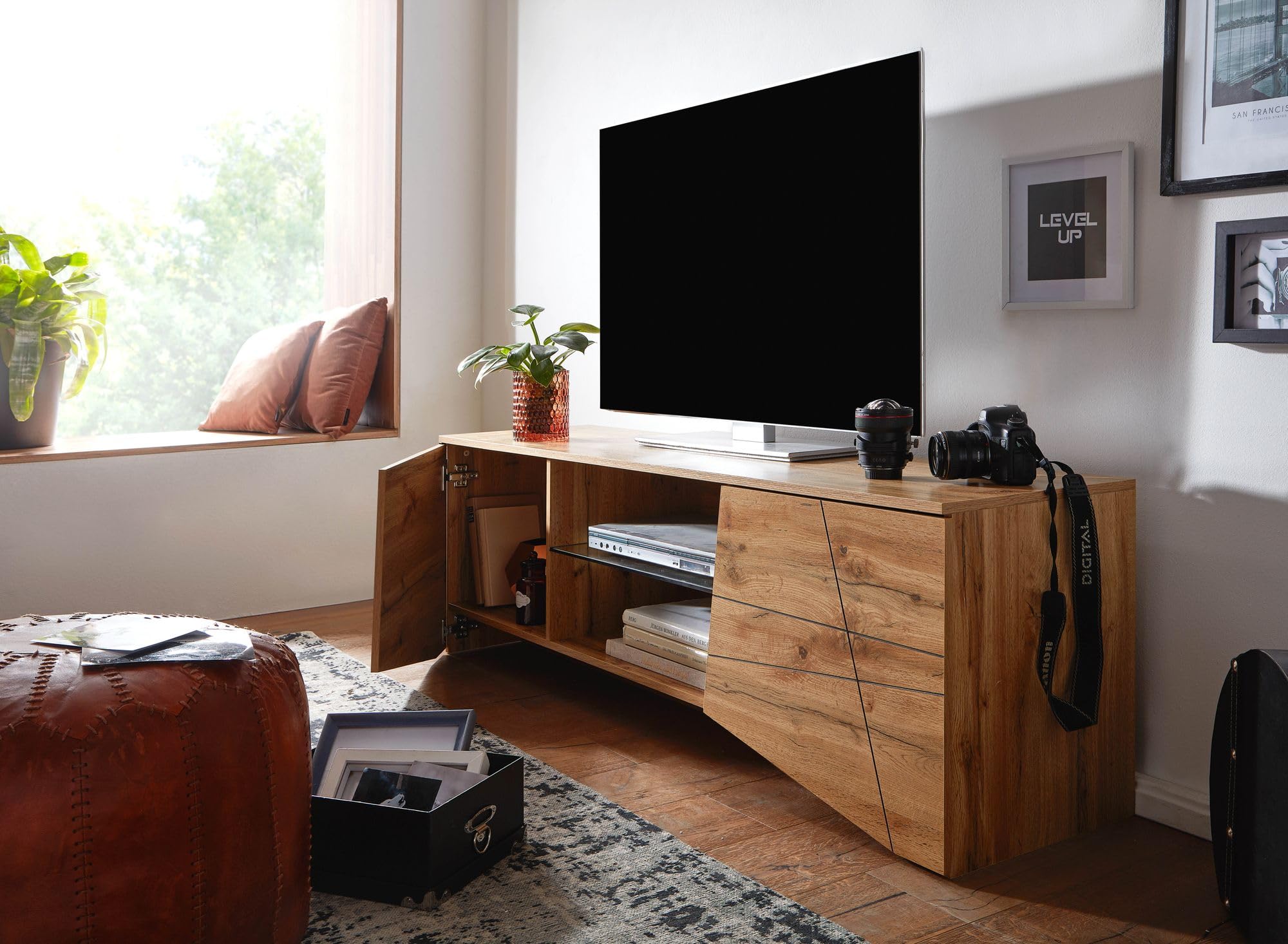 FineBuy Lowboard 160x40x50 cm Eiche-Dekor Braun, TV-Schrank Kachelmuster