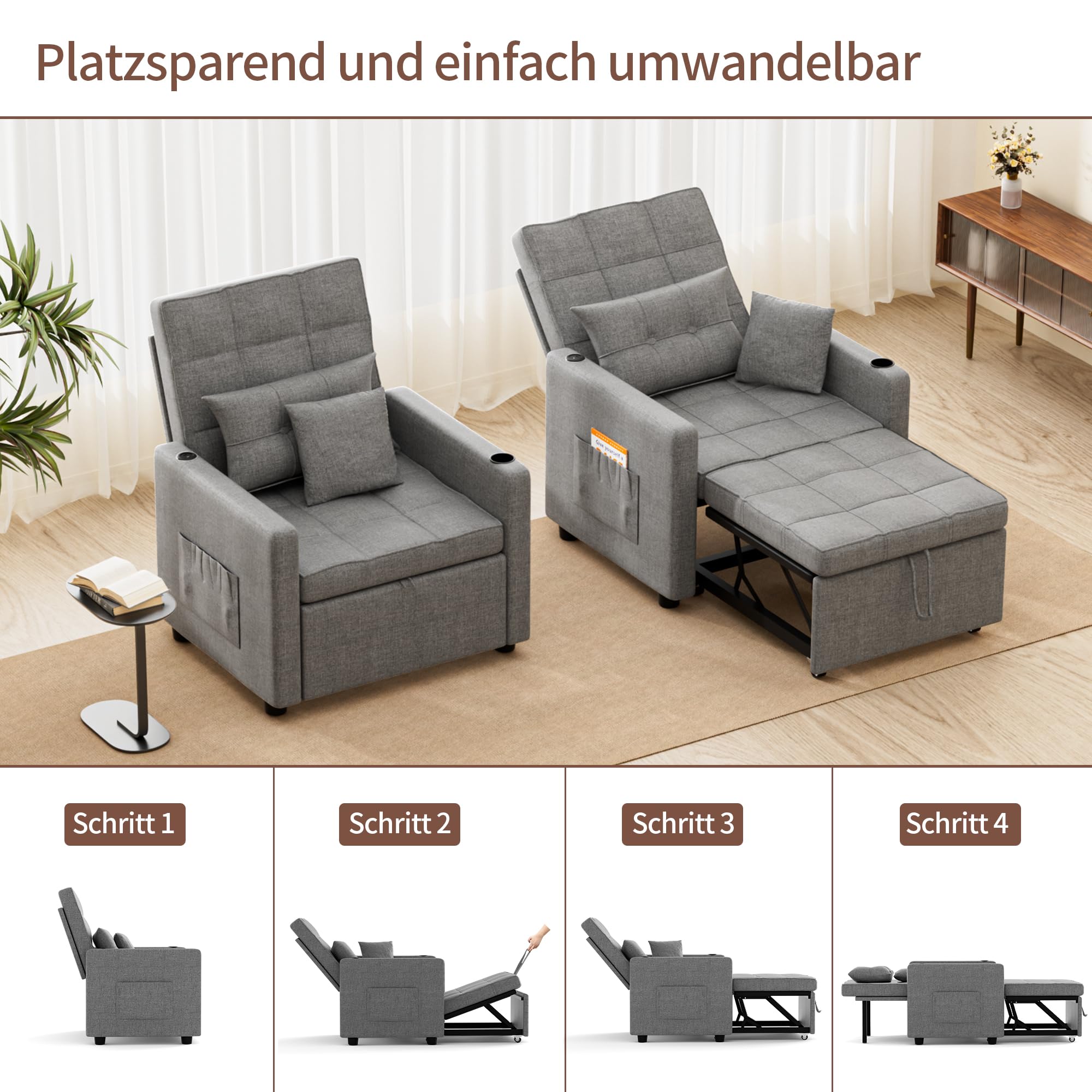 BonVache 3-in-1 Schlafsessel mit Bettfunktion, 5-stufig Verstellbarer Rückenlehne, Schlafsofa mit Kissen und Seitentasche, Schlafcouch mit Getränkehalter und USB- & USB-C-Anschluss, Dunkelgrau