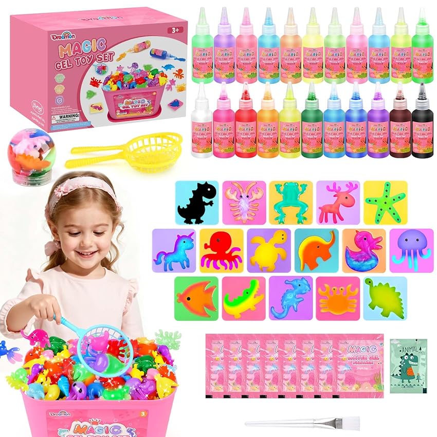 Dreamon Aqua Gelz Set 3D 53PCS, Magic Jelly Set Rosa con 22 Gel Colorati e 16 Formine, Giocattolo Creativo DIY per Bambine 3+ Anni, Regalo Perfetto Educativo