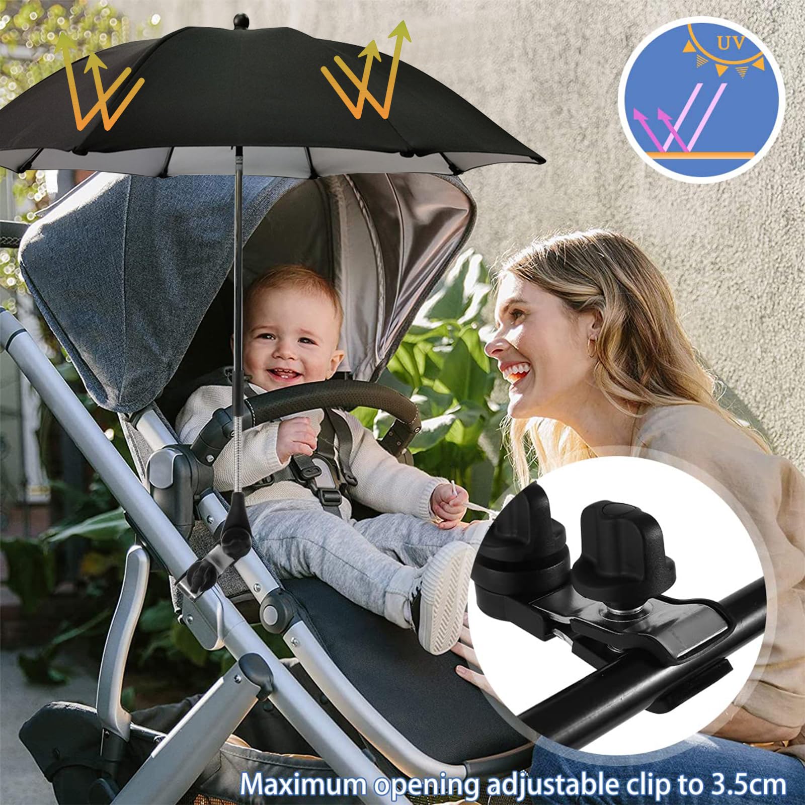 Parasol Poussette Universelle Anti UV 50+ Diamètre 73 cm Noir
