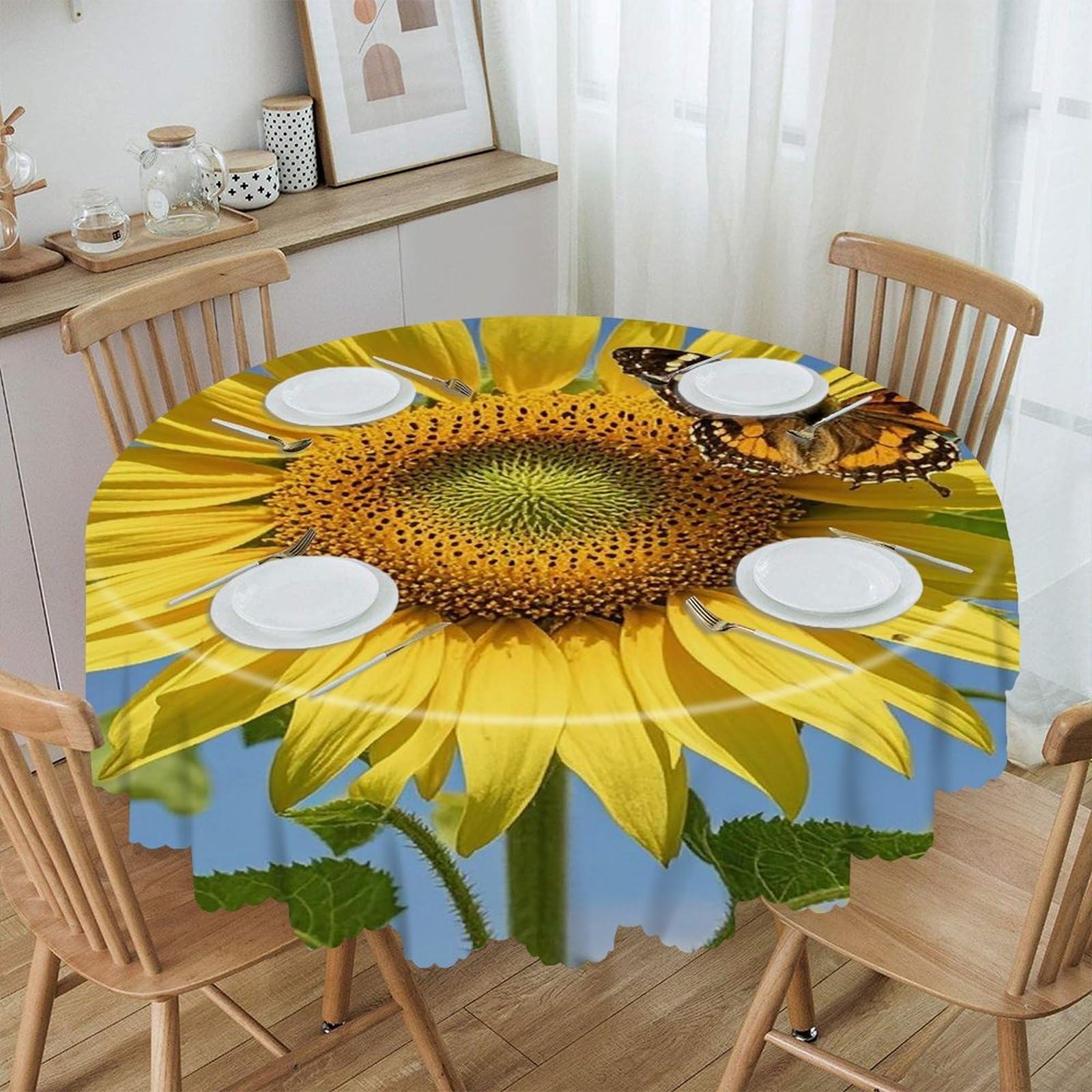 LZQPOEAS Sunflower and Butterfly Round Tablecloth Rustic Circle Table Cloth Wrinkle Resistant Decor Tablecloth Waterproof Washable Table Cover for Kitchen Party Dining Table 60 Inch