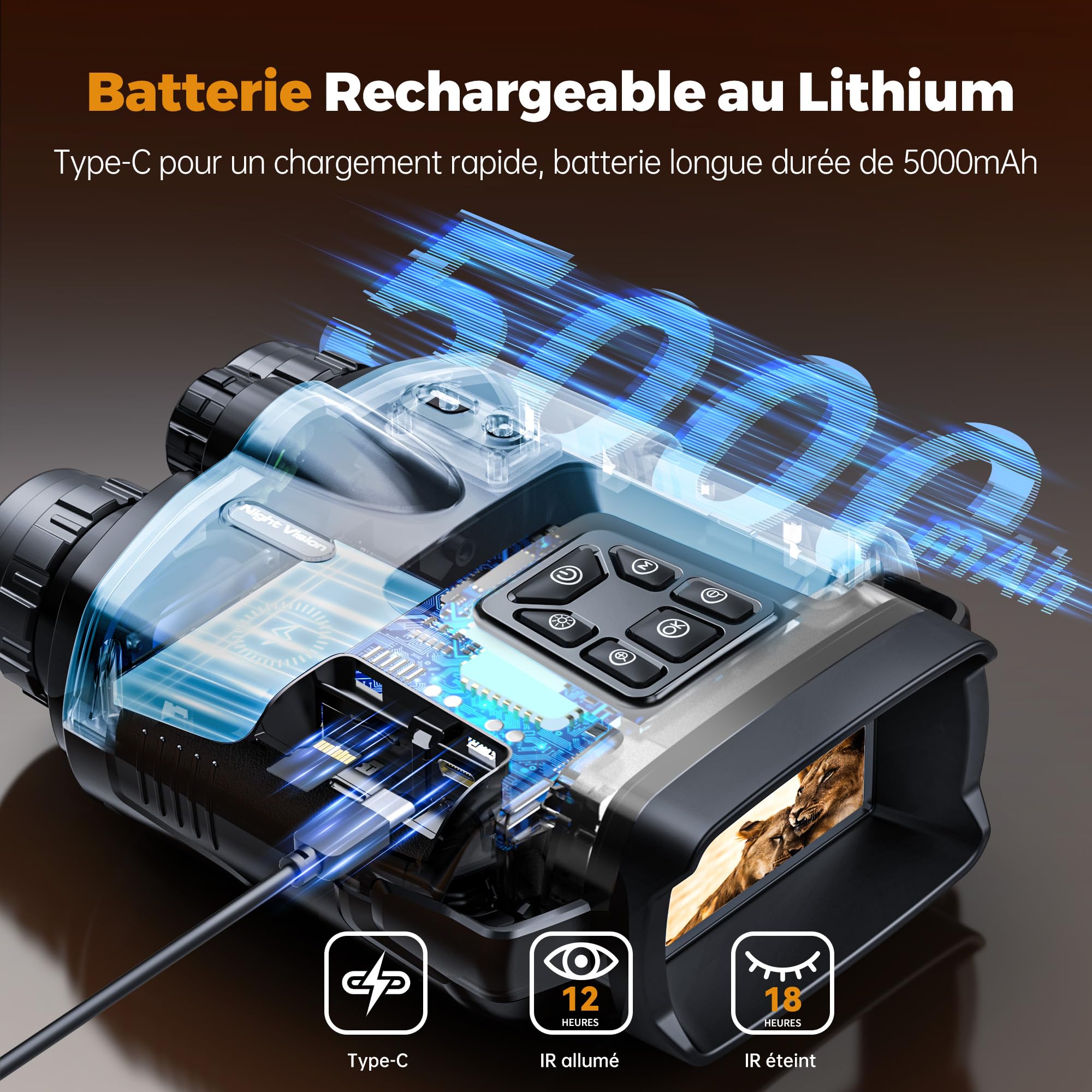 TKWSER Jumelles de Vision Nocturne 4K, Zoom numérique 8X, Batterie 5000 mAh Rechargeable, portée visuelle 600 m, écran TFT UHD de 3", étanche IP65, pour la Chasse, Le Camping avec Carte TF de 32 Go