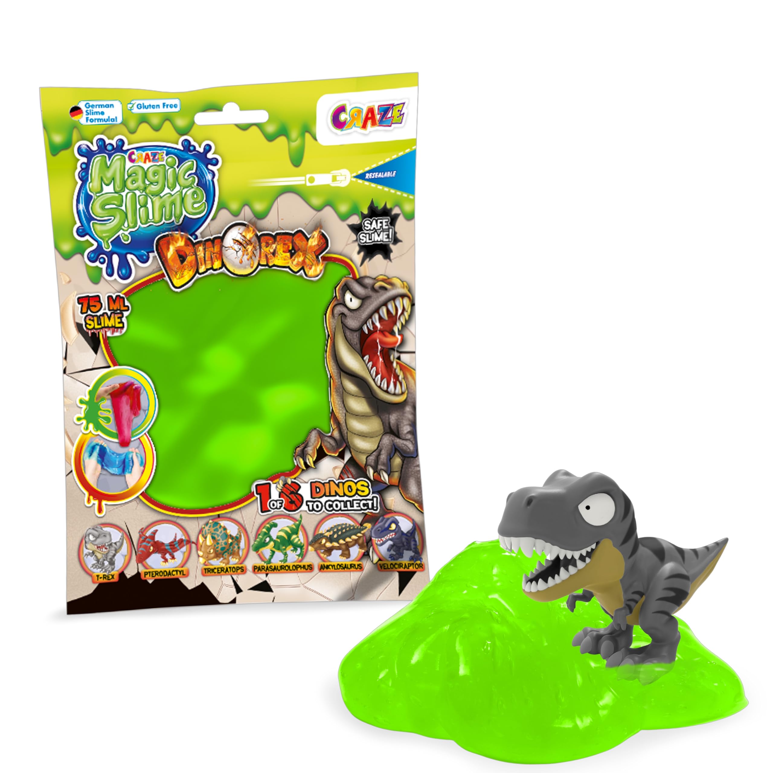 CRAZE Magic Slime Bag Surprise Surprise by Dinorex, 75 ml Bag of Slime in Random Colours with Dinosaur Surprise Figure, Slime for Children