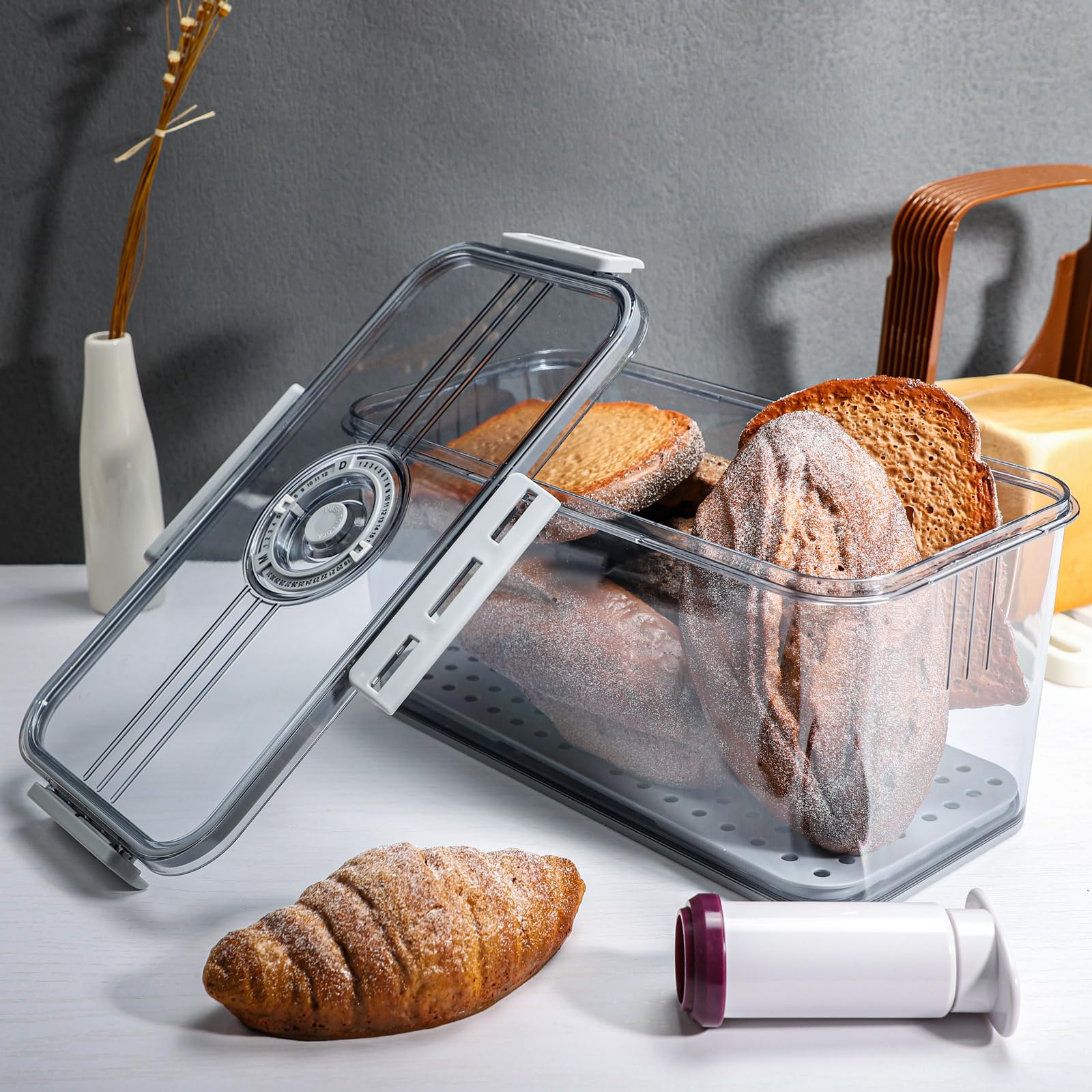 Brotbox für Küchenarbeitsplatte mit Brotschneider, Zeiterfassung, Brotaufbewahrungsbehälter mit Deckel, luftdicht, Brotkasten-Behälter mit Vakuumpumpe, Brotkasten für hausgemachtes Brot, Bagel, Toast