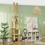 PawHut Floor to Ceiling Cat Tree, 89"-100" Adjustable Height Cat Tower for Large Cats with Scratching Posts, Grooming Brush Post, Cat Condo, Perches, Hammocks, Balls, Brown