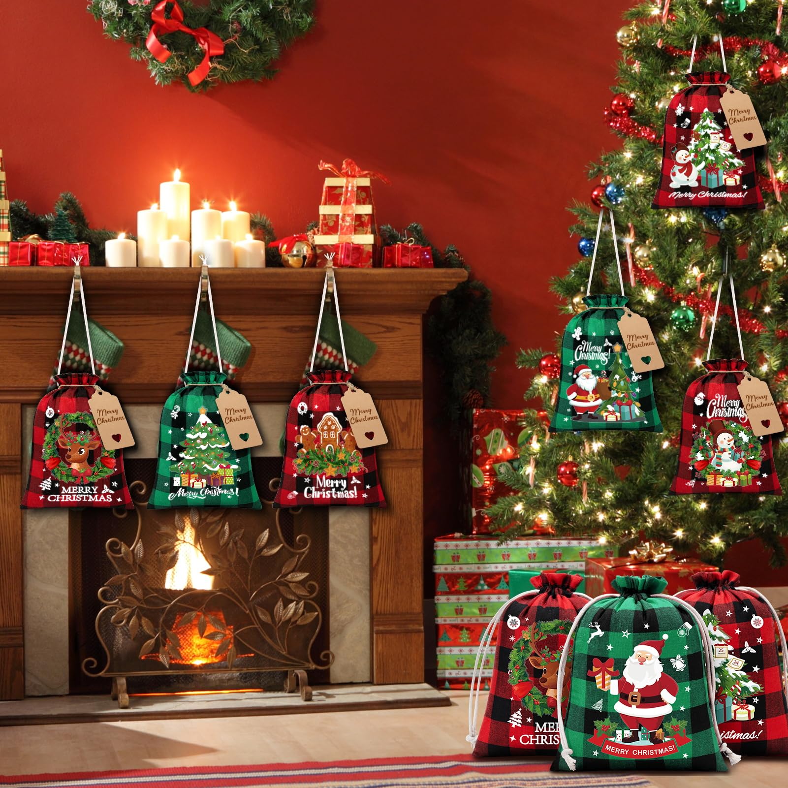 FLOE 24Pcs Burlap Christmas Drawstring Bags, 6x8in Buffalo Plaid Xmas Gift Bags w/Tag Xmas Candy Bag Small Christmas Linen Treat Goody Gift Sacks Reusable Gifts Wrapping Bag Holiday Party Favors Sack