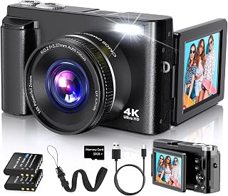 Duluvulu 4K 48MP Digital Camera with Autofocus, 16X Zoom, 180° Flip Screen - Vlogging Travel Camera for Teens & Beginners, Black