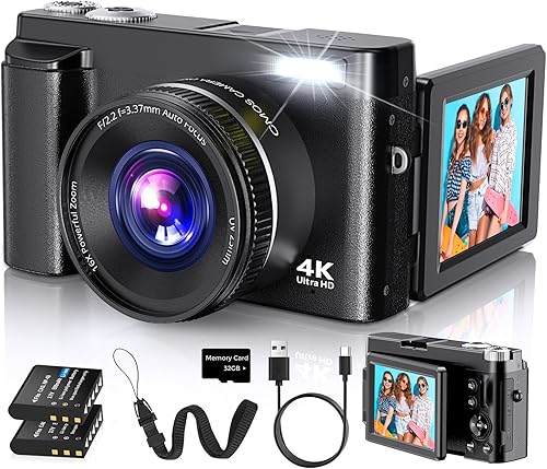 Cámara digital 4K para enfoque automático de fotografía, cámara de video de 48 MP para YouTube con tarjeta SD, 2 baterías, cámara compacta de viaje
