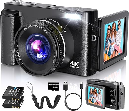 4K Digital Camera for Photography Autofocus, 2026 Latest 48MP Vlogging Camera for YouTube with SD Card, 2 Batteries, 3" 180°Flip...
