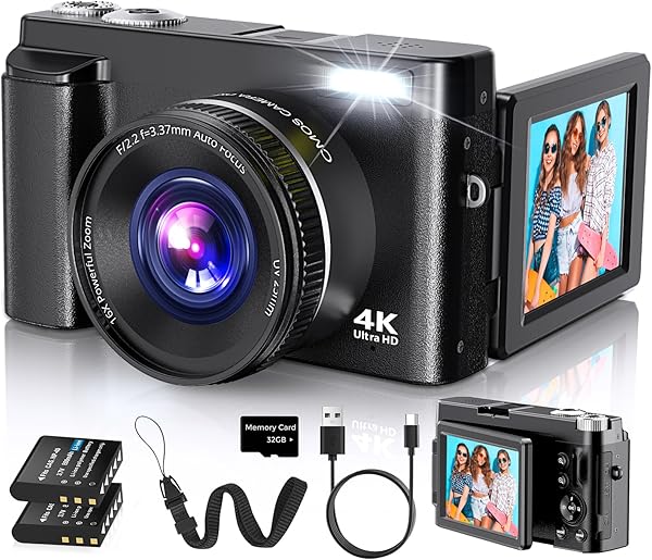 Duluvulu 4K Digital Camera for Photography Autofocus, 2026 Latest 48MP Vlogging Camera for YouTube with SD Card, 2 Batteries, 3" 180°Flip Screen Compact Travel Camera for Teens with 16X Zoom,Black