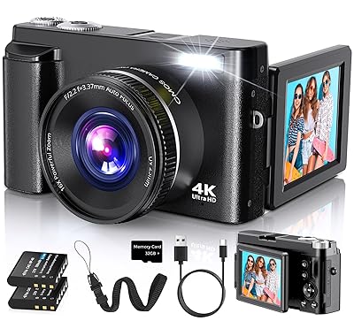 4K Digital Camera for Photography Autofocus, 2024 Latest 48MP Vlogging Camera for YouTube with SD Card, 2 Batteries, 3" 180°Flip Screen Compact Travel Camera for Teens with 16X Zoom, Anti-Shake,Black