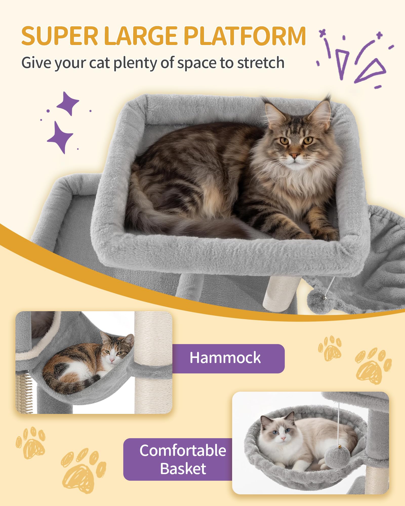 Hzuaneri Albero Tiragraffi Grande per Gatti, Torre per Gatti da Interno 213 cm con 2 Piattaforme XL, 2 Grotte, 10 Pali in Sisal, 2 Amache e Massaggiatore, per Maine Coon, Grigio Chiaro, MS21418LG