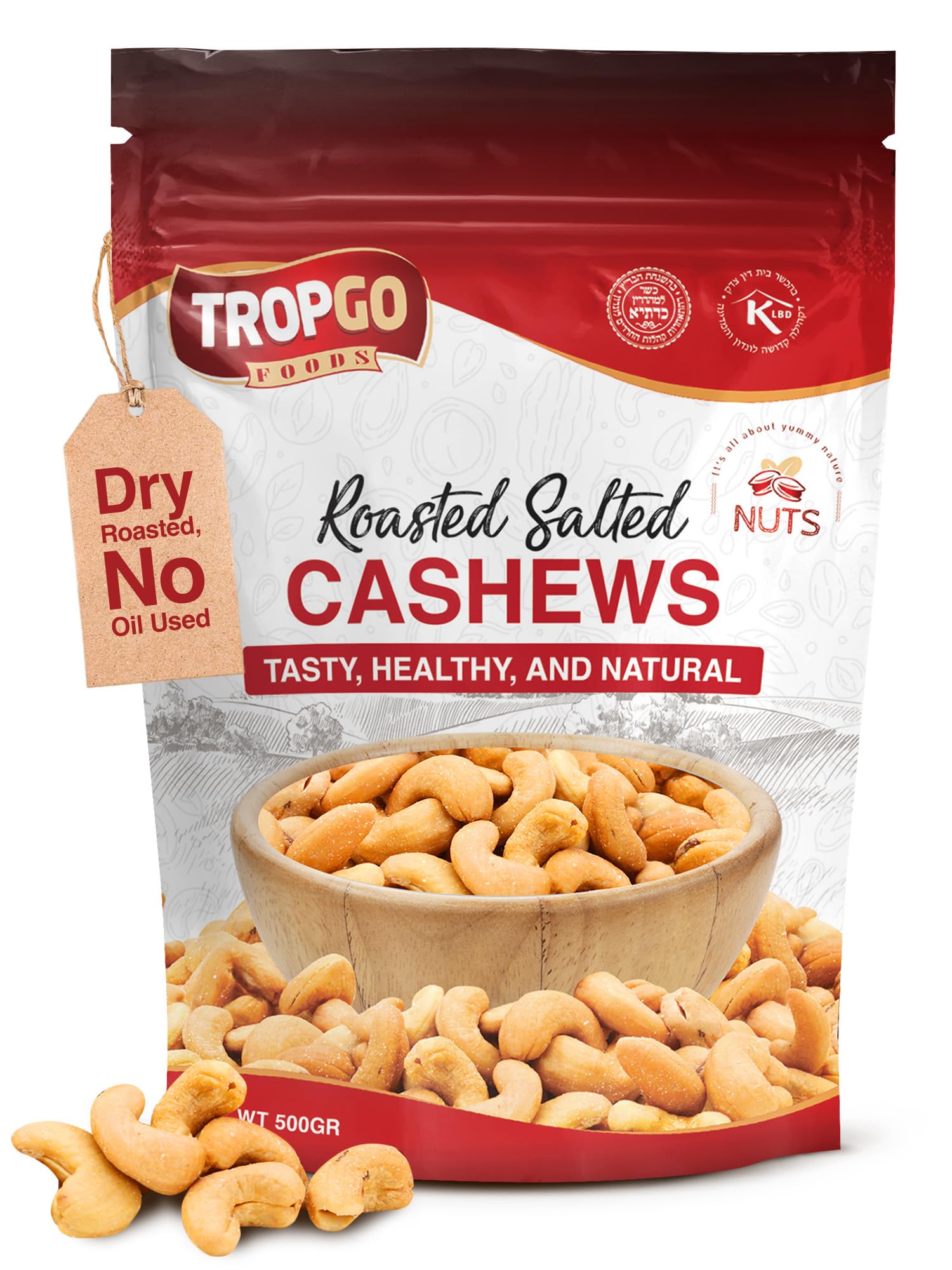 Tropgo Roasted Cashew Nuts 500g - Dry Roasted, No Oil Used, Packed Fresh, Lightly Salted Cashews with Fibre, Protein and Minerals, Perfect for Snacking - Kosher Approved Cashews - Bulk Buy Nuts