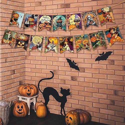 Miniatura 4 de Cartel vintage de Halloween – Feliz Halloween – Juego de 15 pancartas colgantes de calabaza malvada y bruja estilo retro para vacaciones, hogar