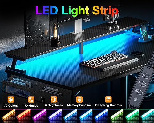 Miniatura 4 de ODK Escritorio para juegos de 40 pulgadas con tomas de alimentación USB y luces LED, escritorio reversible en forma de L con estantes de